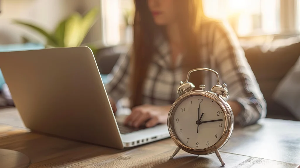 A woman working on a laptop with an alarm clock on the table – symbolising time pressure and multitasking challenges faced by school leaders.