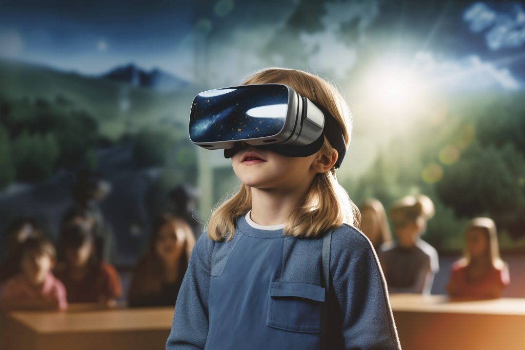 view young child student with vr glasses